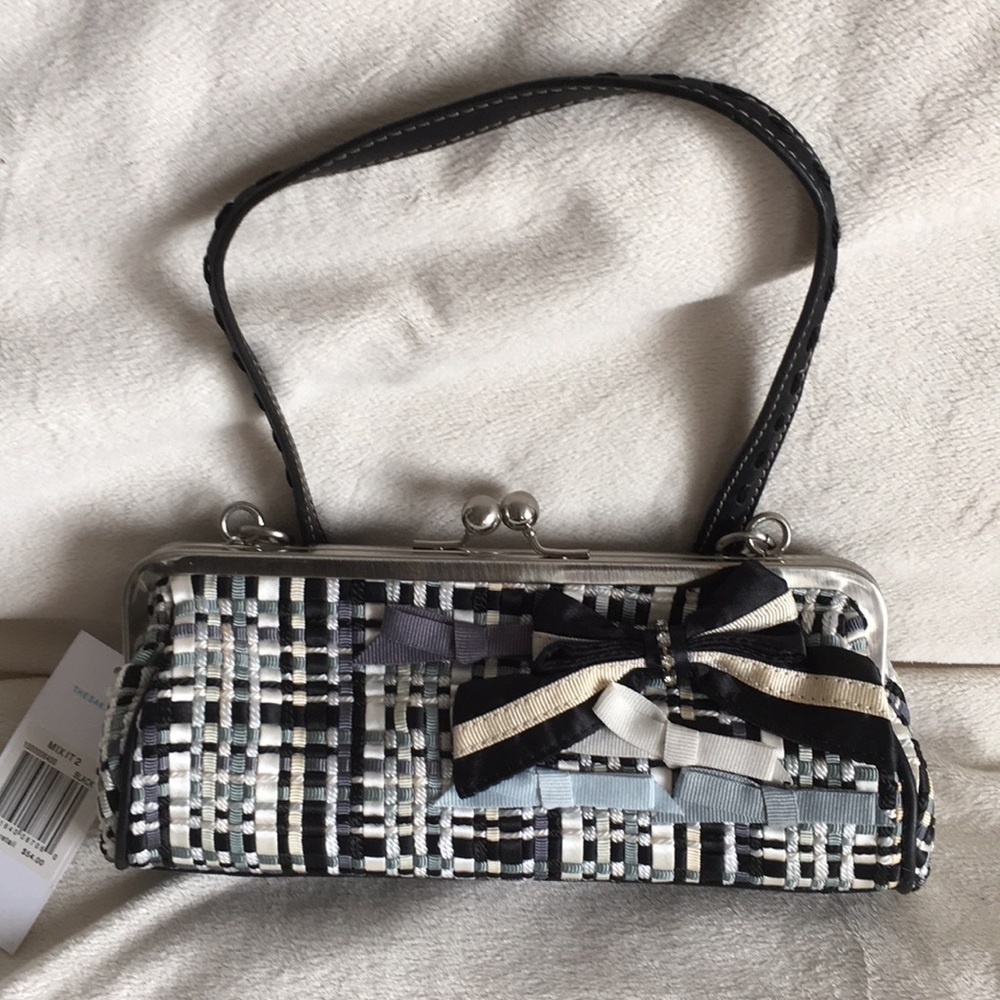 SAK ribbon  woven black bling bow snap purse